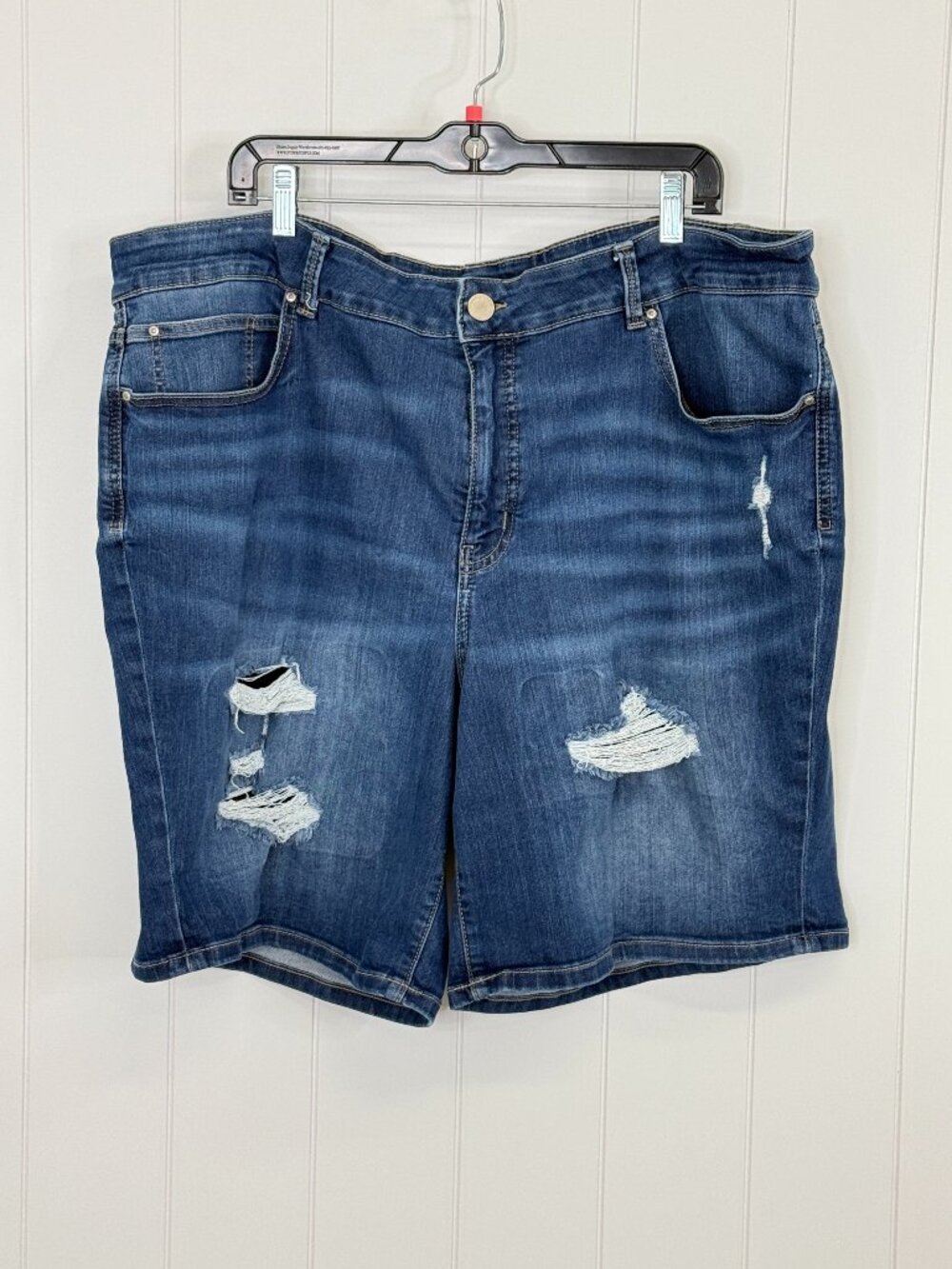 Maurices EverFlex Distressed Jean Shorts 24W High Rise Denim Shorts Plus Patched